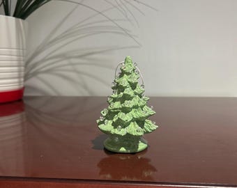 4.5" Ceramic Sage Green Christmas Tree Ornament with mini light decoration. Handmade in the USA