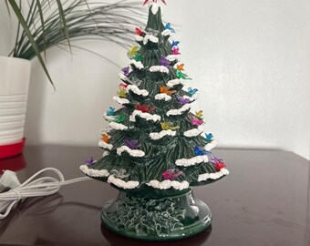 11 inch Lighted Ceramic Christmas Tree: Green Glazed Snow Tree with Multi-Color Bird Lights