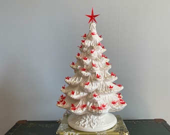 19 inch Ceramic White Christmas Tree:  Red Birds. Handmade in the USA