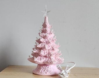 11" Pink Ceramic Christmas Tree: Lighted Tabletop Decoration, Handmade in the USA
