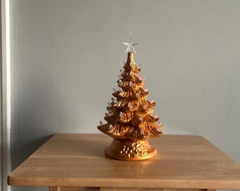 11" Venetian Gold Ceramic Christmas Tree: Lighted Tabletop Decor. Handmade in the USA