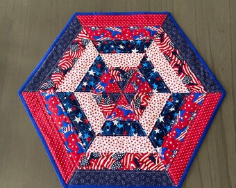 Hexagon Table Topper, Quilted Table Topper, 4th July Table Topper, red white and blue Table Topper, free shipping in the lower 48