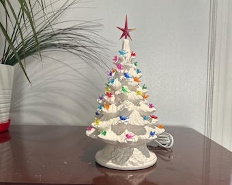 11 inch Ceramic Christmas Tree, lighted: White Glaze, Bird Bulbs & Red Star - Handmade USA