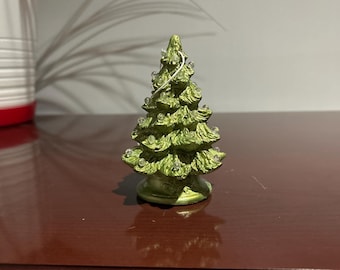 4.5" Ceramic Metallic Green Christmas Tree Ornament with mini light decoration. Handmade in the USA