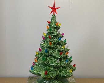 16" Ceramic Christmas Tree, Lighted Christmas Tree, green Christmas Tree with multi colored lights, free shipping in the lower 48.