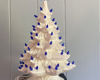 19" Ceramic Christmas Tree, Lighted Christmas Tree, clear glazed Ceramic Christmas Tree with dark blue lights, free shipping in the lower 48