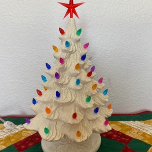 16” Lighted Ceramic Christmas Tree: White with Multi-Color Lights