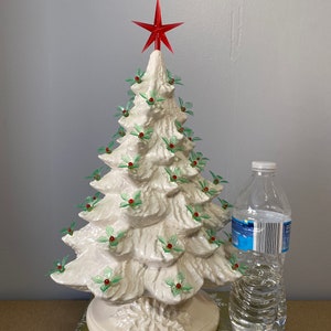 16 inch white glazed Christmas Tree with poinsettias, Lighted Christmas Tree, free shipping in the lower 48