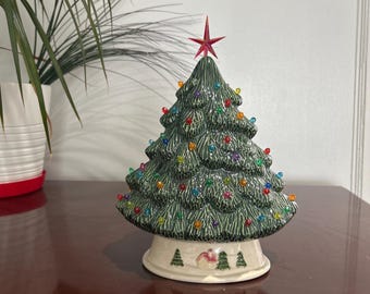 Mantel Christmas Tree: Ceramic Hand-Glazed Green with red star topper.  Holiday Decor, 11.5 inch