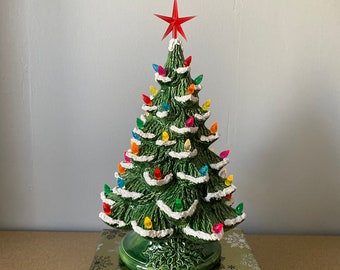 16 inch Lighted Ceramic Christmas Tree: Green glaze with Multi-Color Lights Handmade in the USA