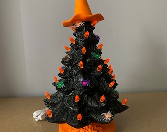 16" Halloween Tree, painted black tree with orange base and orange lights, lighted tree, free shipping in the lower 48