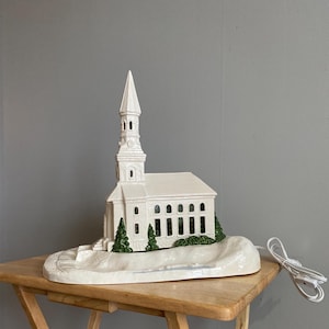 Lighted White Church: Stained Glass Window Night Light