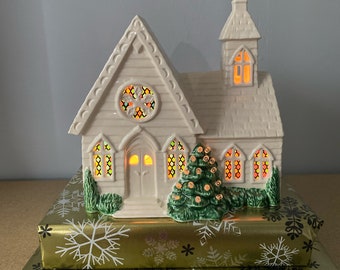 Lighted Chapel with evergreen tree clear Christmas bulbs in white glaze and stained glass window paper, free shipping in the lower 48 states