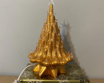 14" Painted Gold Lava Christmas Tree with clear bulbs and light string: Handmade
