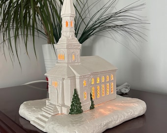 14" Lighted White Ceramic Church with off white base, Stained Glass Window, Tabletop Decoration