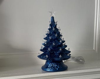 11 inch Ceramic Christmas Tree, lighted: Metallic Blue Paint, Clear Bulbs & Star - Handmade USA