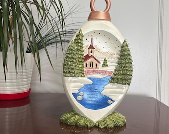 16" Lighted Standing Ornament: Church upon the river scene. Night Light