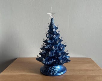 11" Lighted Ceramic Christmas Tree:  Metallic Blue Tabletop Decoration. Handmade in the USA