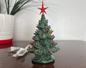 8.5 inch Ceramic Christmas Tree: Green with Multicolor Globe Lights -USA Made