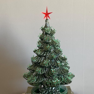Green Glazed Ceramic Christmas Tree with Poinsettia Lights (19 inch)