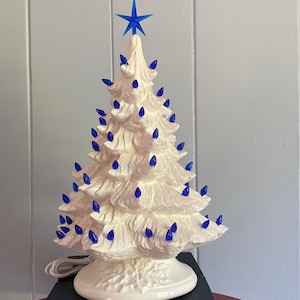 19 inch Lighted Ceramic Christmas Tree:  White Glaze with Blue Lights. Handmade in the USA