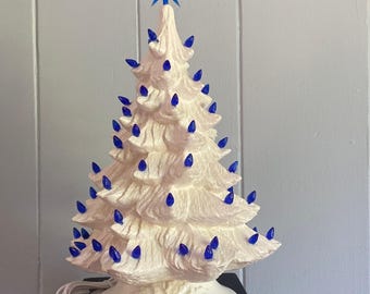 19 inch Lighted Ceramic Christmas Tree:  White Glaze with Blue Lights. Handmade in the USA