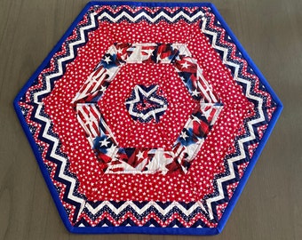 Hexagon Table Topper, Quilted Table Topper, 4th July Table Topper, red white and blue Table Topper, free shipping in the lower 48