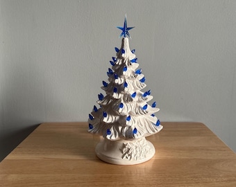 11 inch Ceramic Christmas Tree, lighted: White Glaze, Blue Bulbs & Star - Handmade USA (T4)