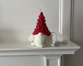 Gnome Ceramic Christmas Tree: Hand-Painted Red Holiday Decor, 10 inch