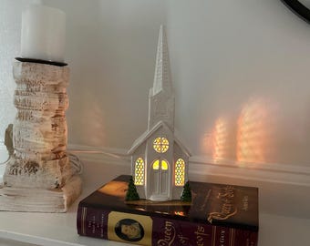 9.5 inch Lighted Church in white glaze with stained glass window paper