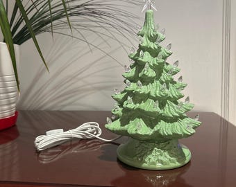 11 inch Lighted Ceramic Christmas Tree: Sage Green painted Tree, Clear Lights