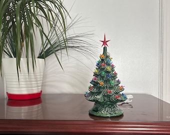 11" Lighted Ceramic Christmas Tree: Green Glaze, Multicolored Birds, Handmade Decoration