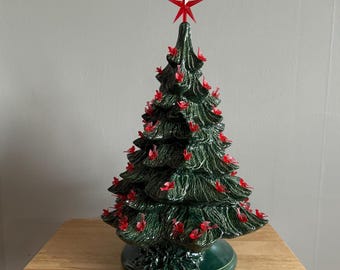 19 inch Ceramic Christmas Tree lighted with Red Cardinal bulbs, (T2)