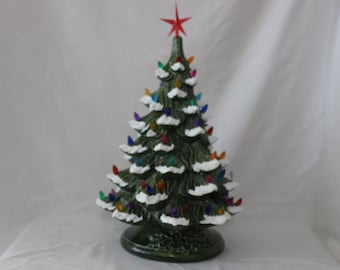 19 inch Lighted Ceramic Christmas Tree: Green with multi-color lights Snow-Tipped