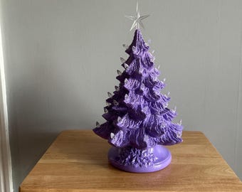 16 inch Ceramic Christmas Tree Lighted Petunia Purple, Handmade in the USA, (T3)