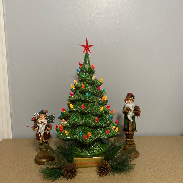 19" Ceramic Christmas Tree, Lighted Christmas Tree, green Christmas Tree with multi colored lights, free shipping in the lower 48.