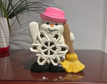 8.5" Lighted Snowman with brown broom and pink hat. Night Light. Handmade in the USA