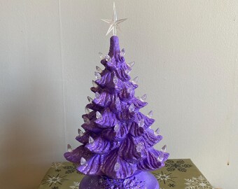 11 inch Ceramic Christmas Tree lighted: Petunia Purple painted with clear lights (T12)
