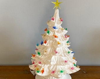 19 inch white glazed Ceramic Christmas tree with birds, lighted Tree, Ceramic Tree, free shipping in the lower 48 states