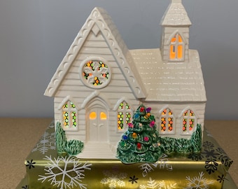 Lighted Christmas Chapel: White Glaze, Christmas Tree, Stained Glass Window