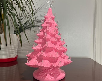 16" Mixed Pink Ceramic Christmas Tree: Lighted, Tabletop Decoration