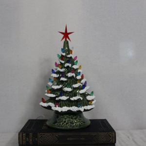 11&quot; Lighted Ceramic Christmas Tree: Green Glazed Snow Tree, Multi-Color Lights
