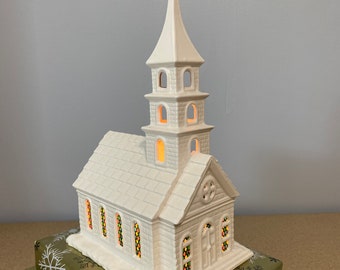 Lighted Church in white glaze with stained glass window paper, free shipping in the lower 48 states