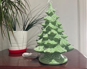 19" inch Lighted Ceramic Christmas Tree: Sage Green painted Tree, Clear Lights