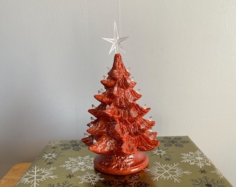 8.5 inch, Terra Cotta Christmas tree, ceramic tree, night light. Handmade in the USA