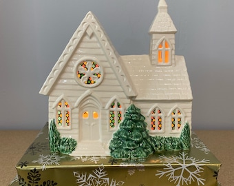 Lighted Chapel with evergreen tree in white glaze with stained glass window paper, free shipping in the lower 48 states