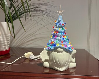 Gnome Ceramic Christmas Tree: Hand-Painted light blue Holiday Decor, 10 inch