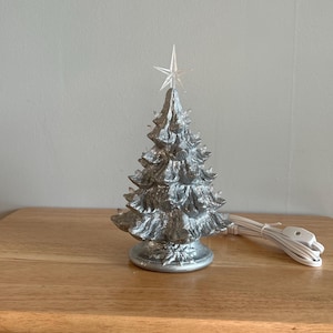 8.5 inch, Silver paint with glitter, Christmas tree, ceramic tree, night light. Handmade in the USA