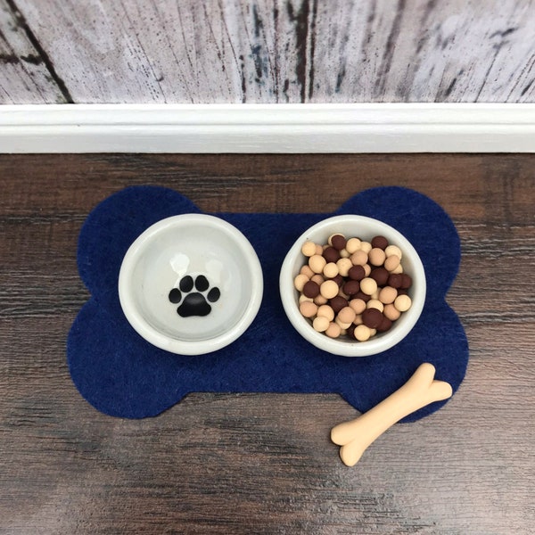 Dollhouse Miniature Dog Food Bowl Bone Treat Set Kibble Water Mat 1" Scale 1:12 *MORE COLORS*