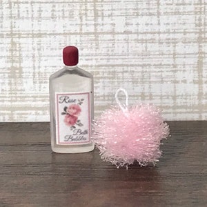 Dollhouse Miniature Rose Bath Bubble and Pouf Sponge Set 1” scale 1:12